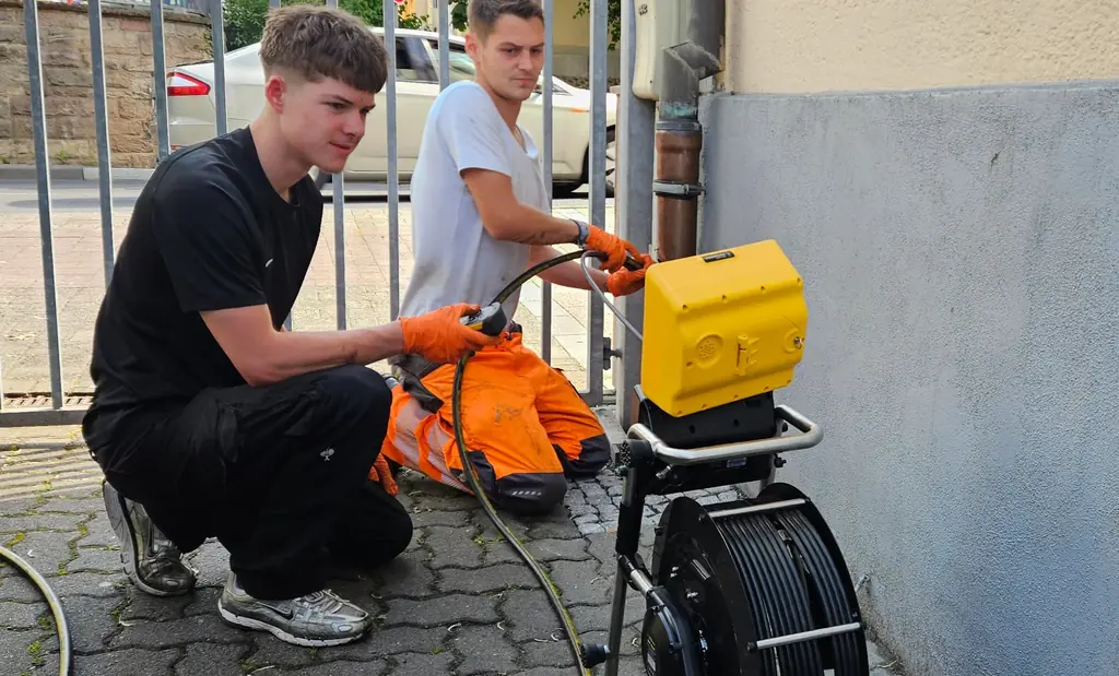 Zwei Mitarbeiter führen eine Rohrkamera in ein Fallrohr ein